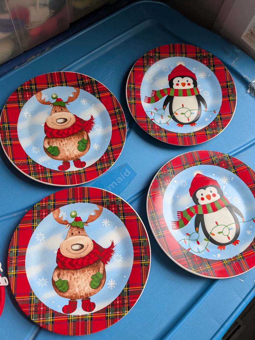 Holiday Plaid Reindeer & Penguin Dessert Plates